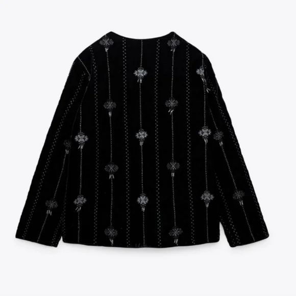 Black Velvet Embroidered Sequin Jacket Boho Geometric Size M
